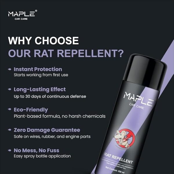 Maple Rat Repellent Spray 250ml – Camphor Fragrance | Protects Wires in Car, Bike & Home | Non-Toxic, No-Kill Rodent Repeller | Long-Lasting Spray for Engine Bay & Household Use – Pack of 1