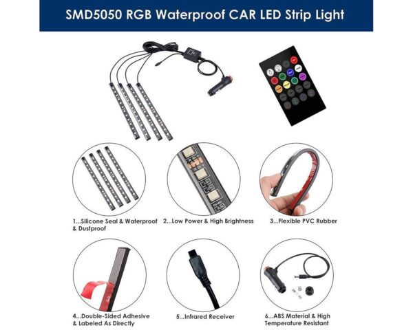 Bluetooth App Controlled 72 LED Atmosphere Light Multicolour Music Car Strip Lamp For Car Interior (18 LED